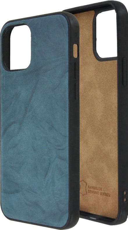 Geschikt voor iPhone 12 Hoesje - iPhone 12 hoesje Echt leer Back Cover P Case Washed Turquoise