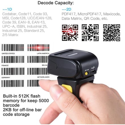 Scanner Lecteur de Code-barres 1D 2D QR Portable sans Fil BT à Bague pour Doigt Support pour Windows Android iOS pour black