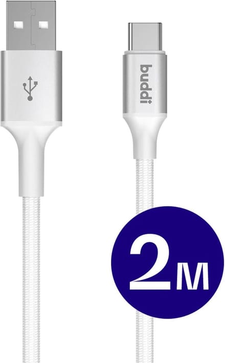 Buddi Flex | USB-A naar USB-C Kabel 12W Fast Charge 5V/2.4A | 480Mbps Dataoverdracht | Gevlochten Nylon | 2M | 2 Meter | Wit
