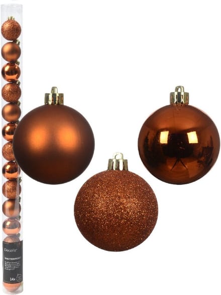 Decoris Mini kerstballen - 14x st - koper/cognac bruin - D3 cm - kunststof - kerstversiering