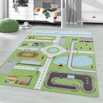 TapisTrend Kinderkleed Groente 100x150 cm met korte pool en verkeersmotief, groen