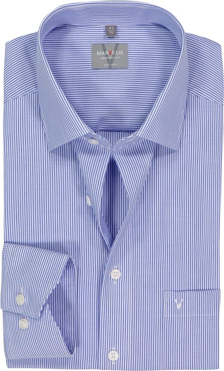MARVELIS comfort fit overhemd - blauw met wit gestreept - Strijkvrij - Boordmaat: 46