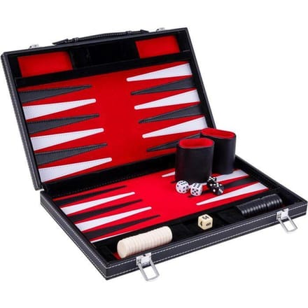 Backgammon 15 inch - Rood, Zwart & Wit Gestikt Bord - Kunstlederen Koffer met Handvat - Engelhart