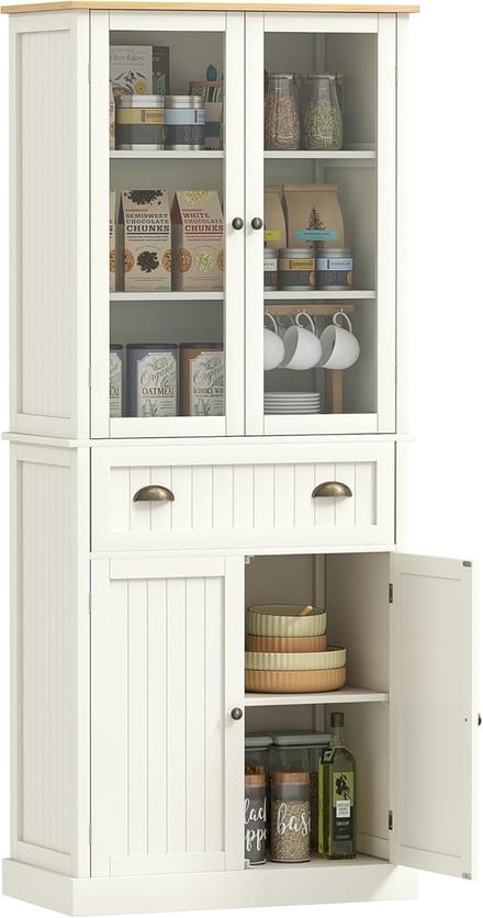Vitrinekast met 4 deuren, 1 lade en glazen elementen - Beige