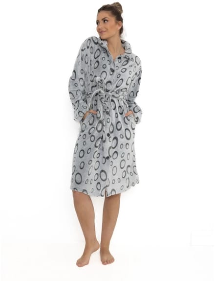 Cocodream dames badjas - fleece - met knopen - maat S - Cirkels - grijs