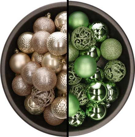 Kerstballen - 74x stuks - champagne en groen - 6 cm - kunststof
