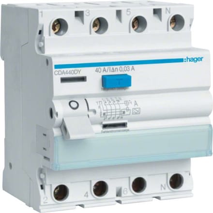 Hager Aardlekschakelaar 4 polig 6kA 40A 30mA Type A Testcircuit L1-N CDA440DY
