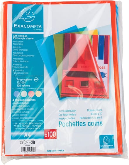 Exacompta 58509E 10x Sachet100 poch.Coin A4 PP grainé 12
