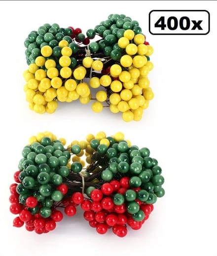 400x Decoratie bessen rood/geel/groen op draad