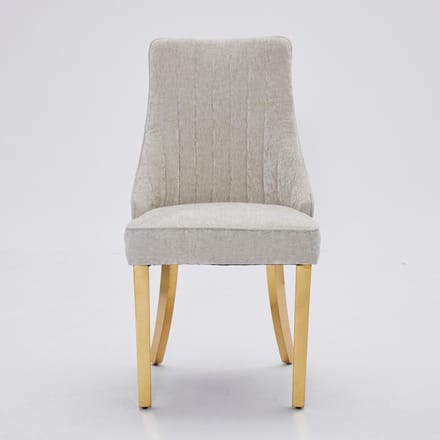 Beige chenille tweepersoons eetkamerstoel rubberhout vergulde poten eetkamer hoog draagvermogen