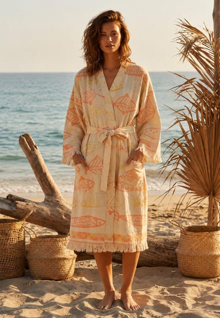 Kimono Dames Sauna & Wellness - Beige Badjas - Visjes