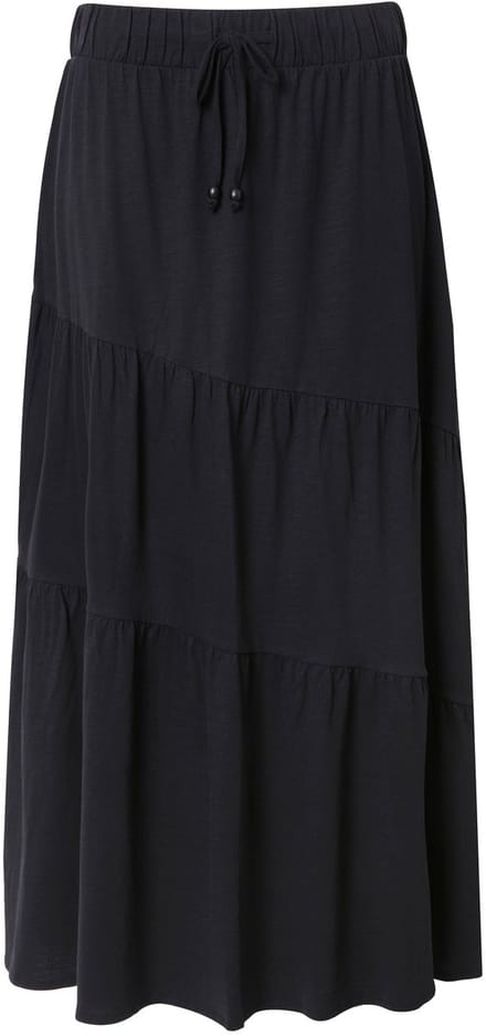 Ulla Popken - Dames - Jersey maxi-rok volantlaagjes A-lijn elastische tailleband - Zwart - Maat 42+