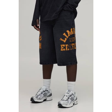 Longline Varsity Print Denim Jorts | Black | Size 36