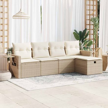 vidaXL - 5-delige - Loungeset - met - kussens - poly - rattan - beige