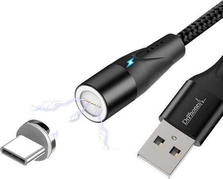 DrPhone Magnetische USB C Kabel – 360° Draaibaar – Tot 3A – Dataoverdracht – LED – Nylon – USB-A – 1 Meter – Zwart