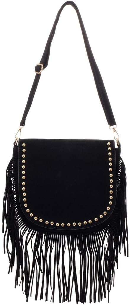 Schoudertas - PU - franjes en studs - zwart - 30x27 cm