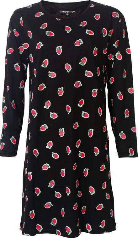 Temptation Dames Bigshirt - Aardbeien dessin - Zwart - Maat M