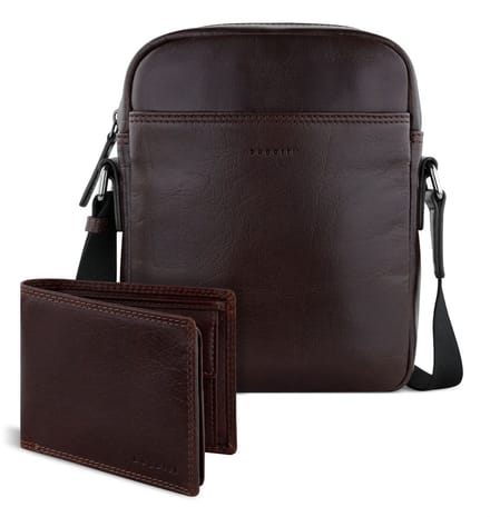 bugatti Leren schoudertas portemonnee Savona Crossover Bag + Wallet Brown donkerbruin