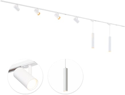 Qub Viror Railverlichting - Wit - 600 cm - I-Vorm - 4 Mesh Spots & 2 Hanglampen - Dimbaar - Complete Set