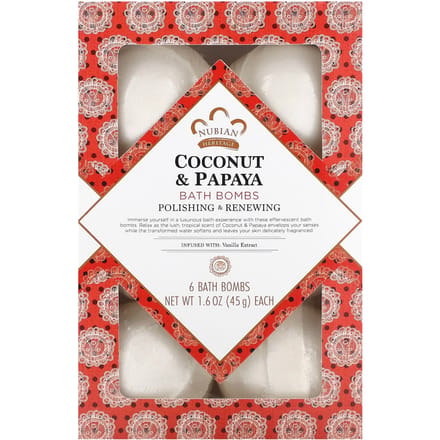 Nubian Heritage, Bath Bombs, Coconut and Papaya, 6 bath bombs, 1.6 oz (45 g) each gray