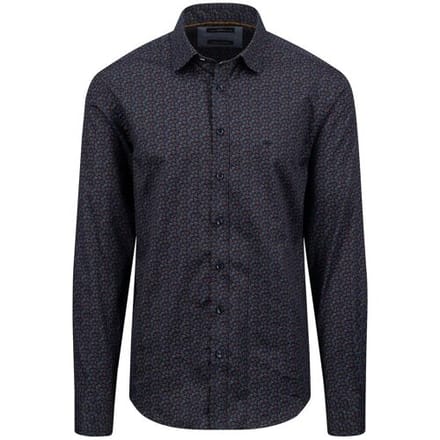 Fynch-Hatton Overhemd Mini Leaves Pattern Kent Collar Navy / male