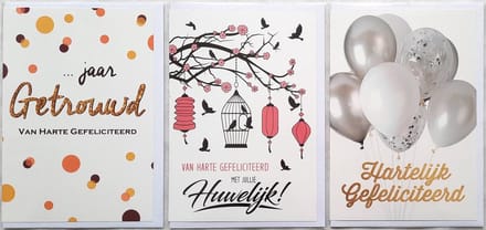 3 Wenskaarten - Huwelijk - … Jaar Getrouwd – Hartelijk Gefeliciteerd - 12 x 17 cm – GET-309