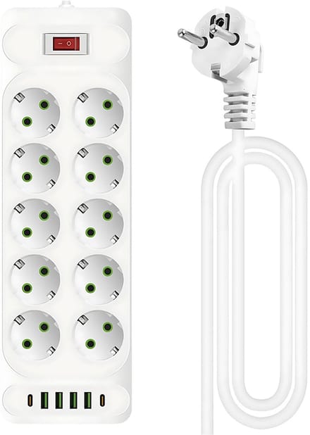 10-Voudige Stekkerdoos - Stekkerdoos met Schakelaar - Stekkerdoos met USB - USB-C 2500W Snellader - Antislip - Wit