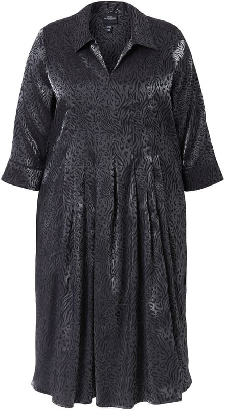 Ulla Popken - Dames - Midi-jurk jacquard-luipaardpatroon overhemdkraag - Zwart - Maat 54+