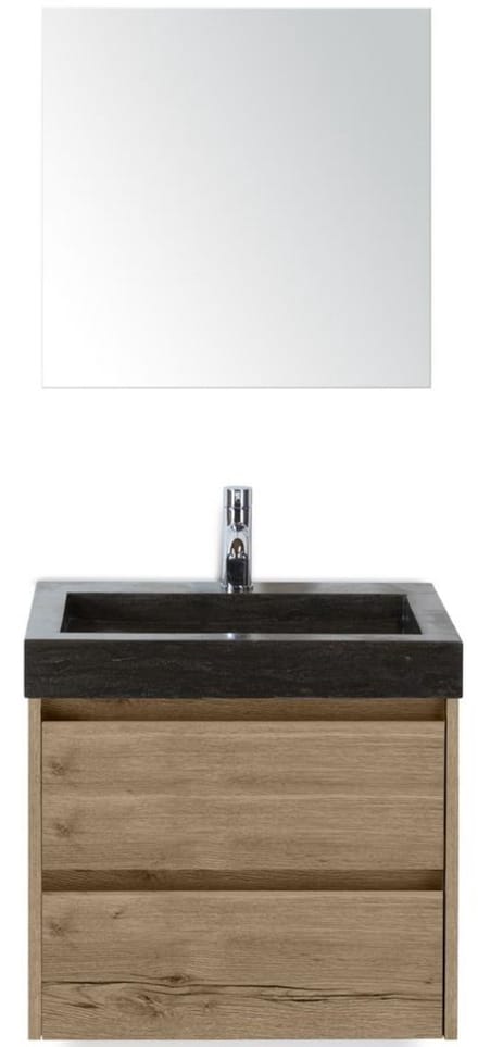 Dante Badmeubelset 60 cm - Natuur Eiken - Wastafel Hardsteen Wit Lucca met Spiegel