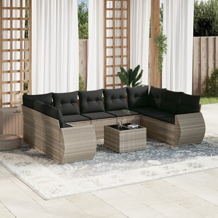 vidaXL - 10-delige - Loungeset - met - kussens - poly - rattan - lichtgrijs