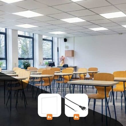 HOFTRONIC – Set van 8 LED-panelen 60x60 – 4000K neutraal wit – UGR<19 anti-glare – Flikkervrij – 36 watt per paneel – Inclusief 8 netsnoeren 1,5 meter – Inbouw – IP20 – Voor klaslokaal 6x8 tot 7x9 meter