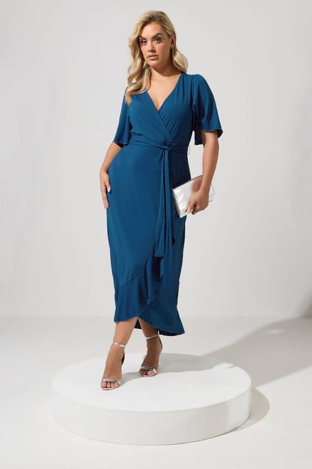 Yours London Blauwe Wikkelmaxijurk Met Korte Mouwen En Ruches Size 52