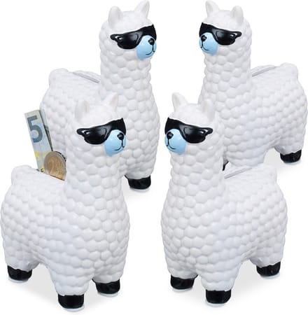 4x Lama spaarpot met zonnebril - spaarvarken - alpaca - keramiek - wit