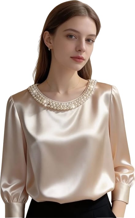 Satijnen fashion trui met Parel Kraag - Trompet Mouw - Champagne - Dames