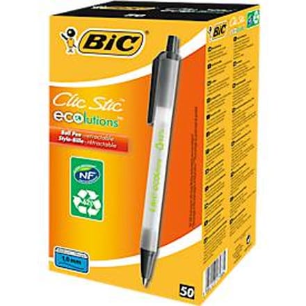 Drukbalpen BIC® ECOlutions® Clic Stic, 0,4 mm, gerecycleerd, zwart, 50 stuks