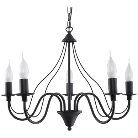 Kroonluchter MINERWA 5 met 5 gebogen kaarsarmen - Sollux Lighting - IP20 - Zwart staal behuizing - 60 x 60 x 80 cm - 5 x E14 LED, exclusief lichtbron - 5 x 10 W - Moderne kroonluchter voor woonkamer, slaapkamer en eetkamer