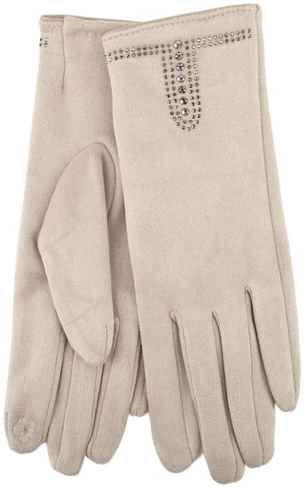 Stevige faux suede dames handschoenen Minka-strass steentjes-effen beige-touchscreenfunctie