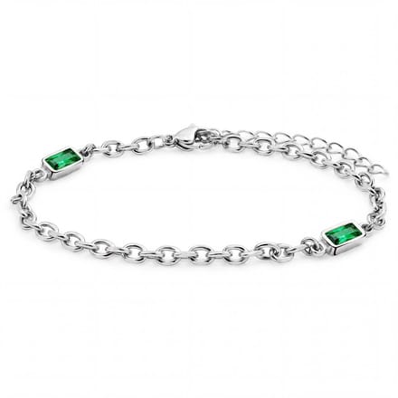 Prism | Zilverkleurige armband met smaragdgroene stenen van kristalglas en 2 schakels