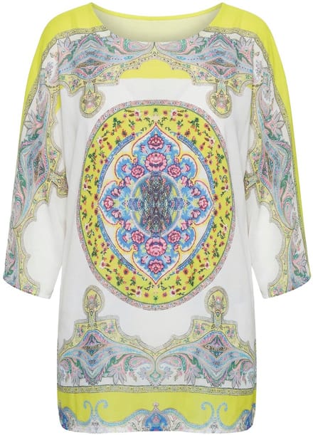 MIAMODA - Dames - overhemdblouse allover patroon met glittersteentjes - Citroengeel - Maat 48
