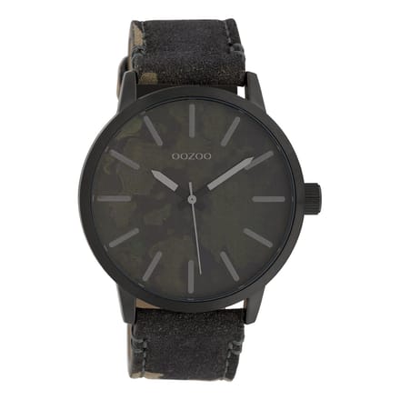 OOZOO Timepieces - Zwarte horloge met camouflage leren band - C10004