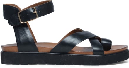 Manfield - Dames - Zwarte leren plateau sandalen met gespsluiting - Maat 41