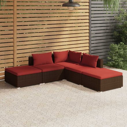 vidaXL - 5-delige - Loungeset - met - kussens - poly - rattan - bruin