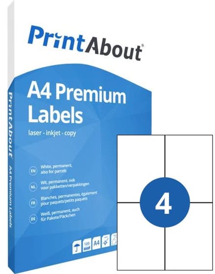 PrintAbout Premium A4 stickervel 4 per vel (105mm x 148mm)