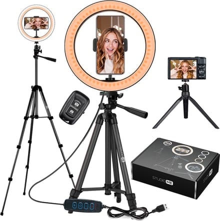 Studio ME Ringlamp met Statief 10 inch - Zwart - Ring Light - 30 Lichtstanden - Incl. Afstandsbediening & Mini Tripod - Ringlight - Ringlampen