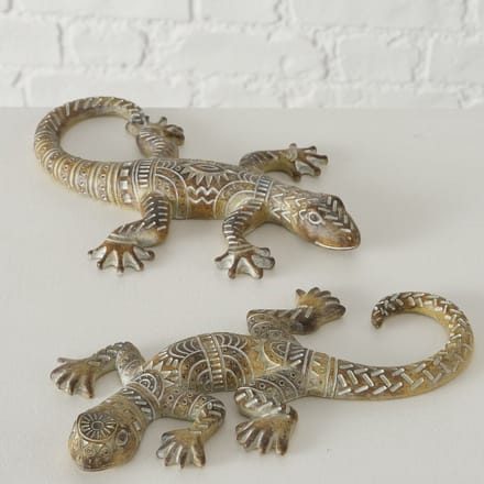 Gekko - Hagedis - Beeld - Decoratie - 2 set - 22x16x3cm - Bruin - wit - Polyresin