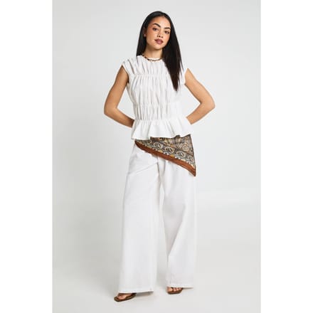 boohoo Dames Linnen-look Top Met Shirring & Wijde Broek Co-ord | Wit | Maat: 34