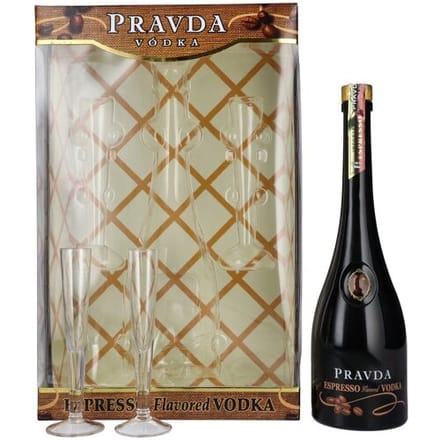 Pravda ESPRESSO Flavored Vodka 37,5% Vol. 0,7l in geschenkverpakking met 2 Bril