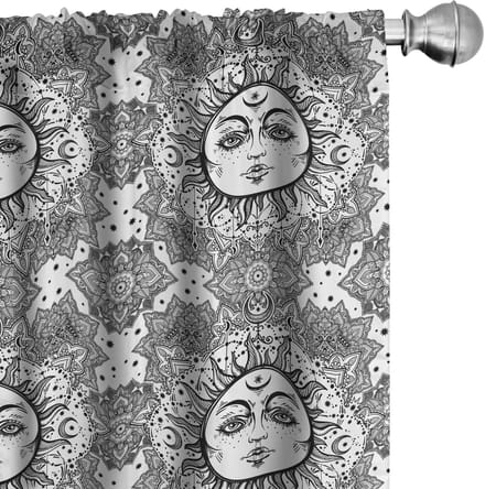 ABAKUHAUS Astrologie Raamgordijnen, Bloemen Mandala Boho, Lichtgewicht decoratieve 2-delige set met roedezak, 2 stuks 75 cm B x 225 cm L, Wit zwart