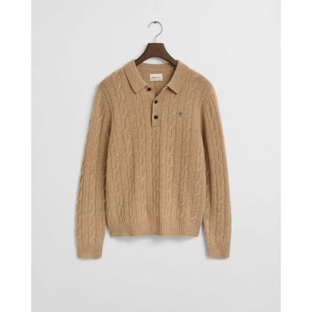 Gant Trui Lambswool Cable Polo Collar Pullover Khaki Melange / male