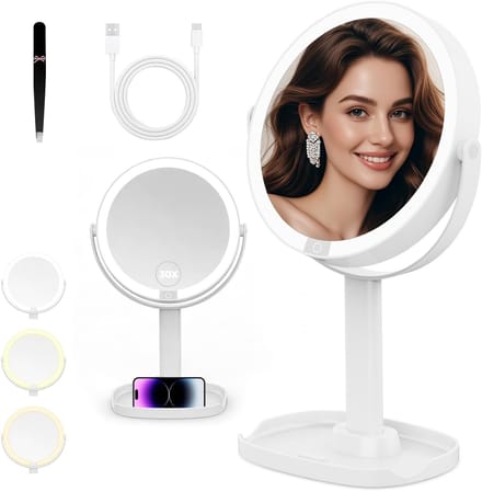 Make-up Spiegel - Vergrotende Spiegel - Dagelijkse Verzorging - 3 Kleur Verlichting - 21cm Diameter - Wit